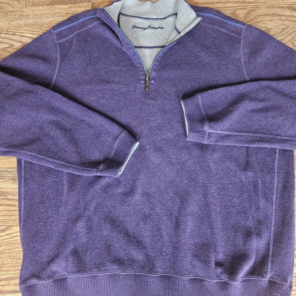 Tommy Bahama 1/4 Zip Pull Over Sweater Gray and Purple Men Large Soft‎